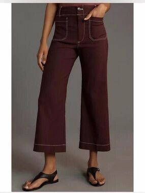 Maeve The Colette Cropped Wide-Leg Pants in Deep Red Linen Blend